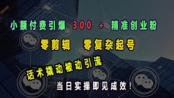 小额付费引爆 300 + 精准创业粉，零剪辑、零复杂起号，话术撬动被动引流，当日实操即见成效 - AI 智能探索网-AI 智能探索网